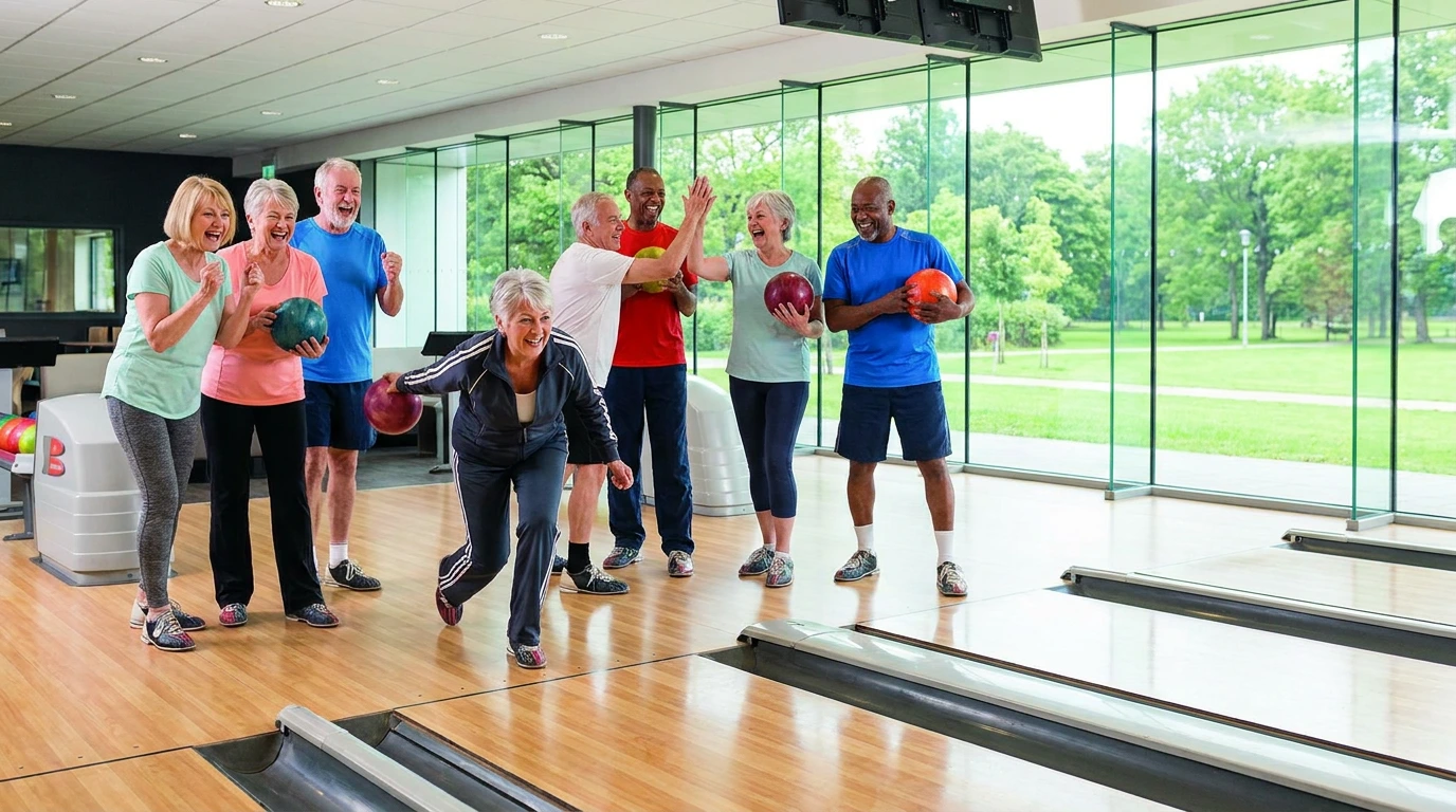 Older adults bowling together