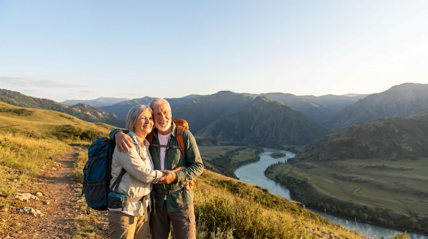 A couple hiking together through the mountains