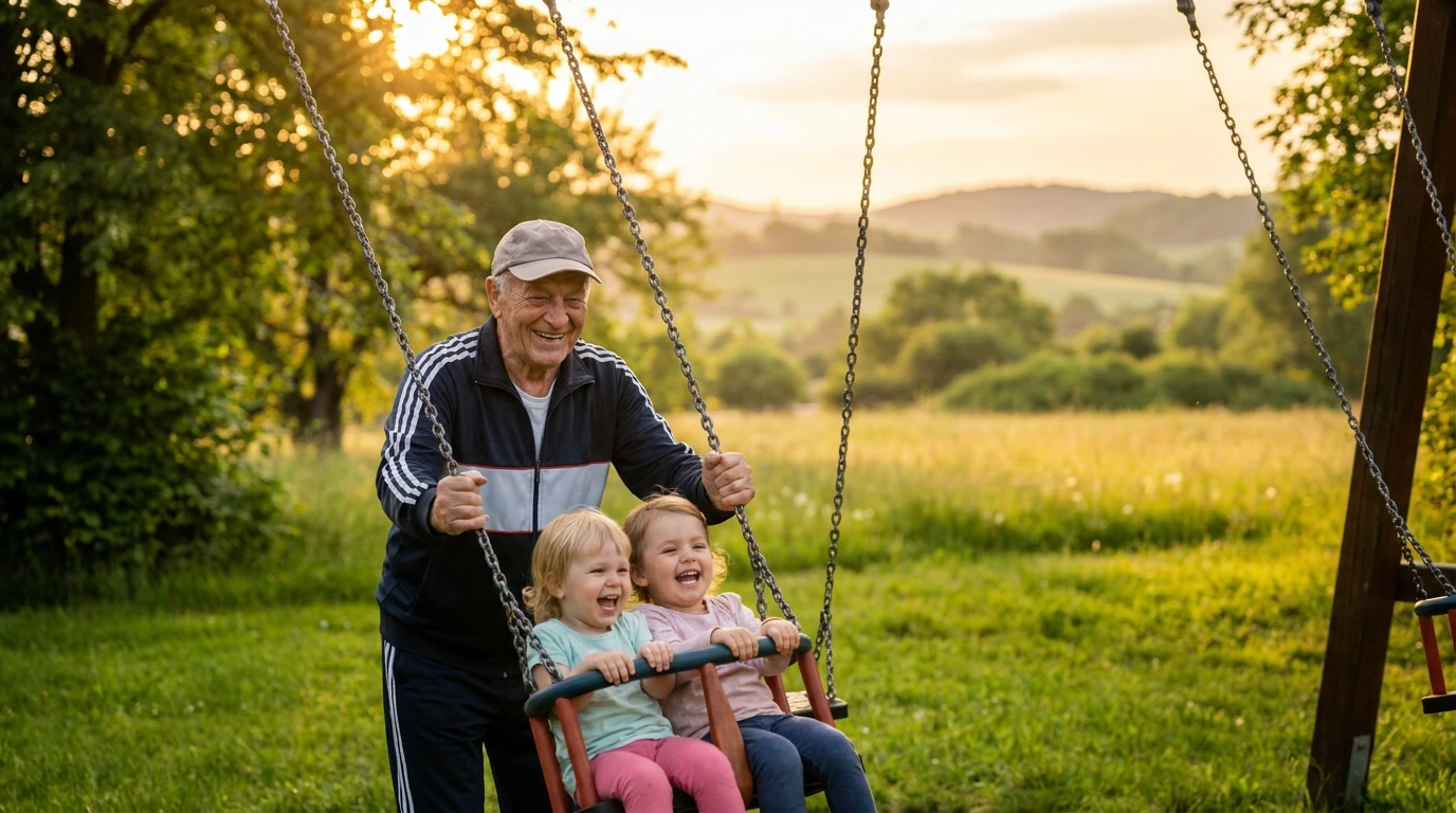 A grandfather playing with his grandchildren