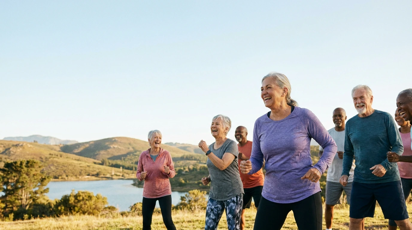 Older adults enjoying group fitness outdoors