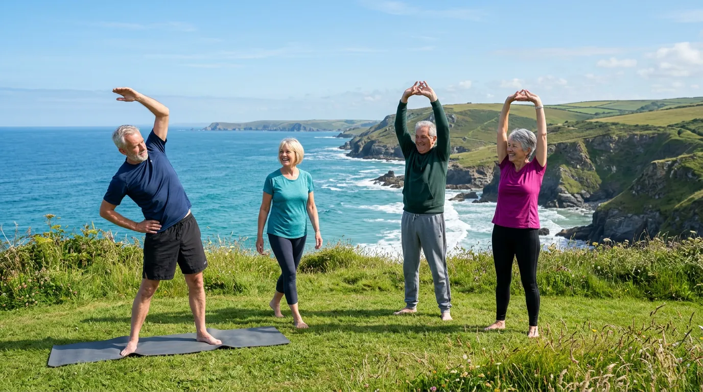 Older adults stretching together on a grassy lawn near the coast