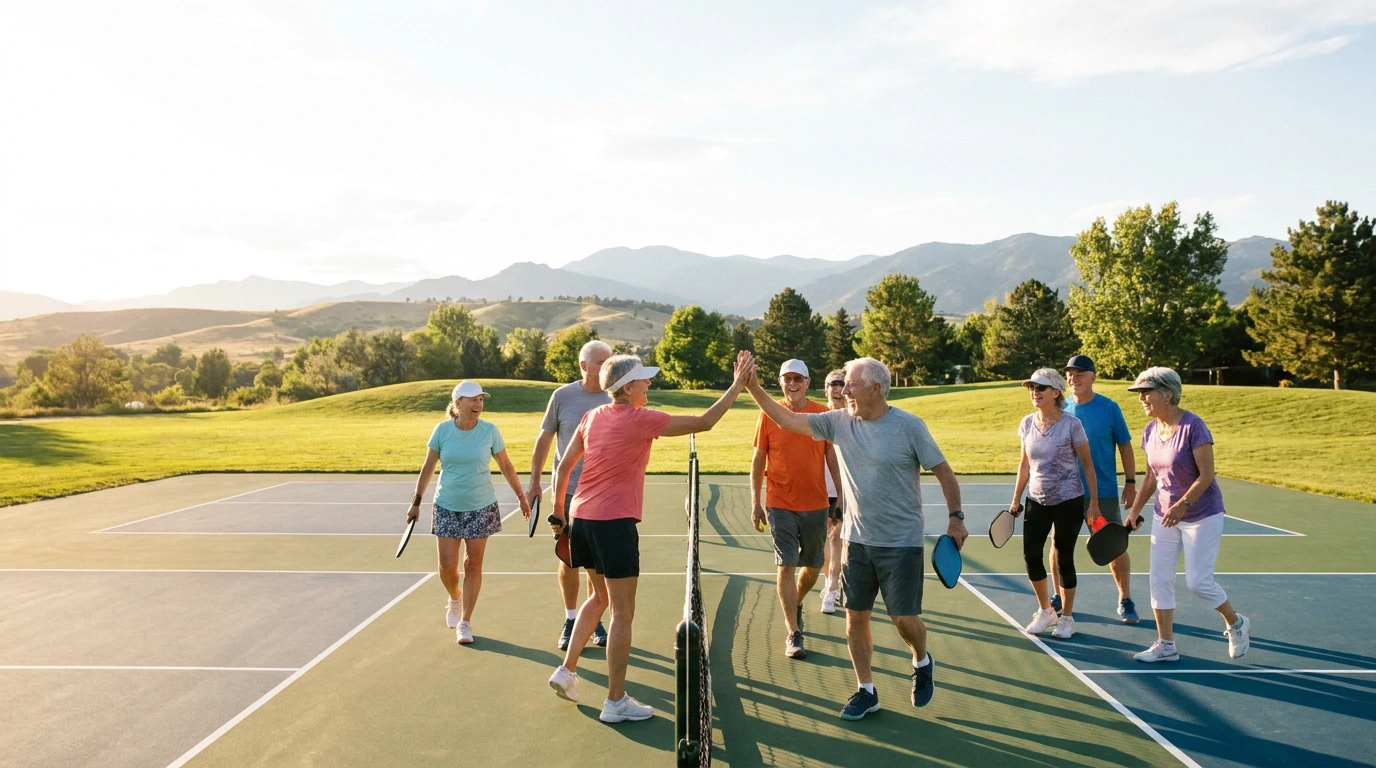 Older adults playing pickleball together