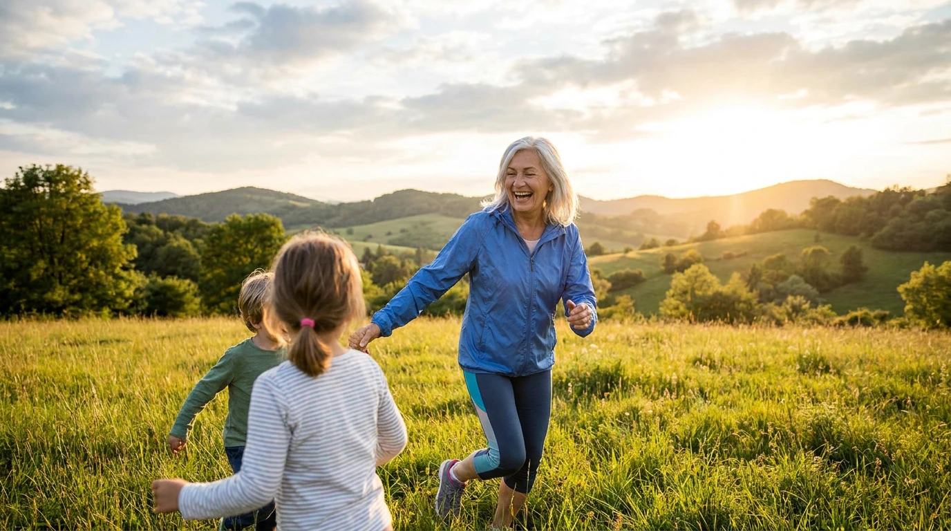 A grandmother running with children outdoors