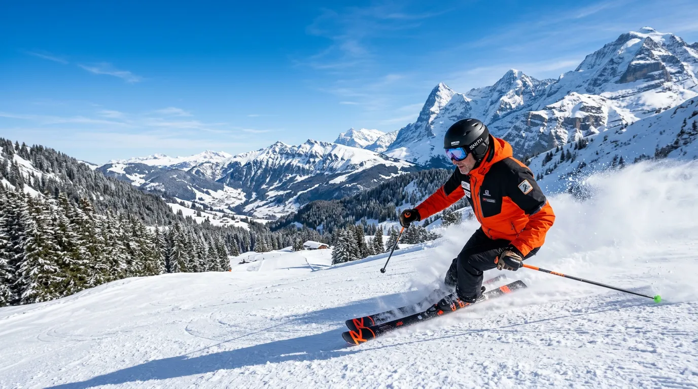 An active adult skiing down a groomed mountain slope