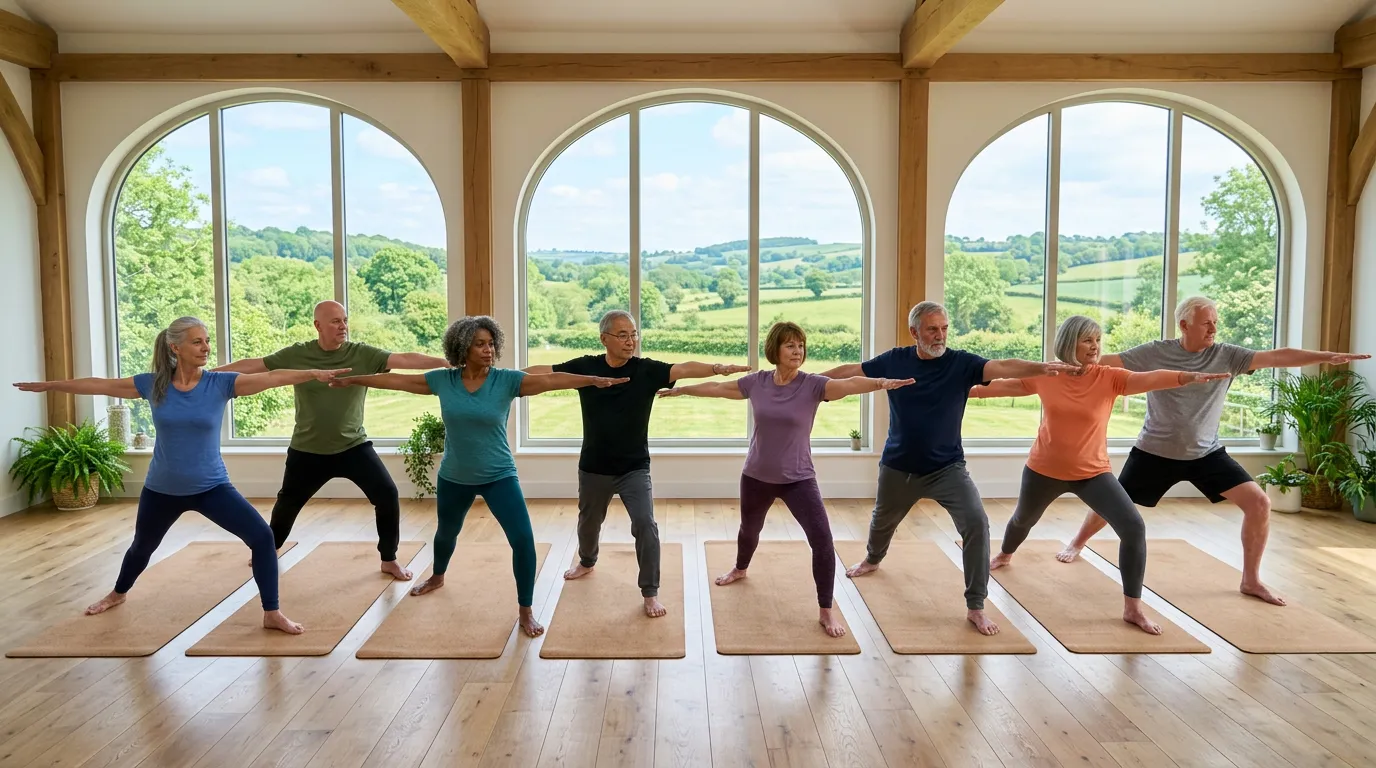 Older adults holding Warrior II pose together in a bright yoga studio
